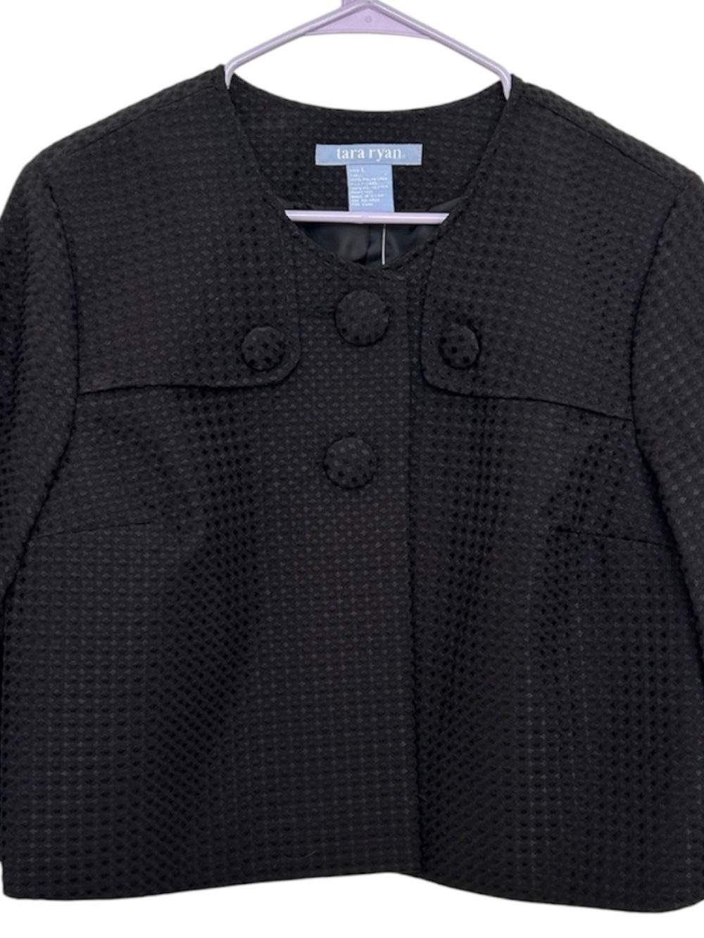 NWOT Tara Ryan Black Textured Cropped Jacket 3/4 Sleeve Button Front Size L